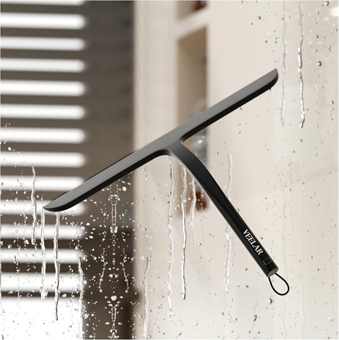 Shower Squeegee for Shower Glass, Bathroom Glass Cleaning Tool with Hook Mount, Squeegee for Glass Doors, Window Cleaning, Tile Shower Walls (Black)
