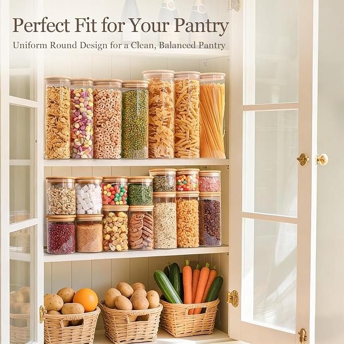 ComSaf Glass Storage Containers with Lids, Set of 6 Jars (0.6Qt/1Qt/1.5Qt) | Glass Pantry Storage Containers , Pantry Organization, BPA Free, Dry Food Storage Jar, Flour Cereal Sugar Tea Coffee Beans