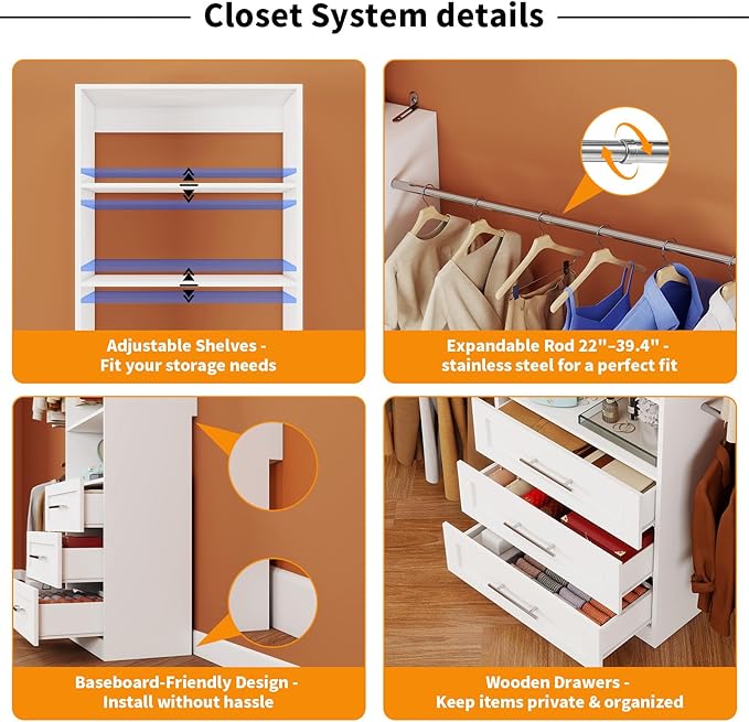 Closet System with 4 Sets, 8FT-21FT Closet Organizer Systems with 6 Drawers 14 Shelves & 6 Hanging Expandable Rods, Walk in Closet Standalone Small Corner Modular Closet Storage System White (8FT)