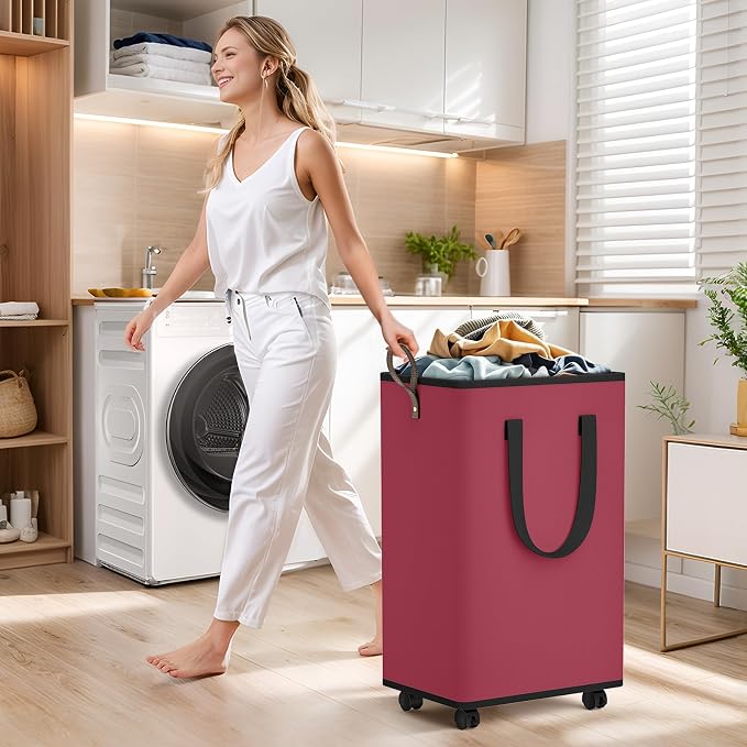SpaceTrove Rolling Laundry Basket with Wheels, Laundry Hamper, 80L, Red | Collapsible, 4 detachable wheels including 2 with brakes, sturdy handle, metal frame, for dorms, bathrooms and bedrooms