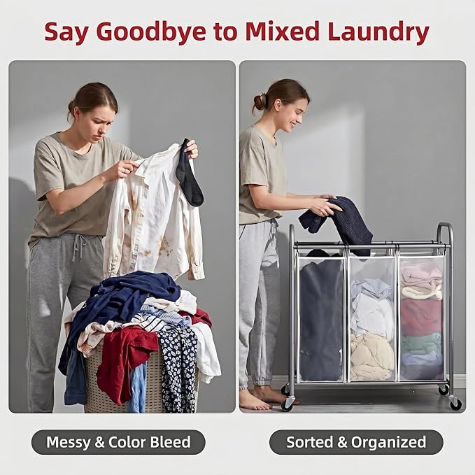 ROMOON Laundry Sorter Hamper 3 Section, Divided Laundry Basket Organizer | Rolling Clothes Hamper with Heavy Duty Lockable Wheels and Removable Bags for Apartment, Dorm & Family, 135L, Neutral Gray