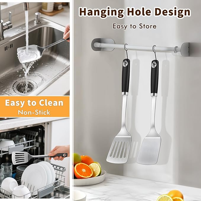 Stainless Steel Spatula, Metal Spatula Slotted Turner, Heavy Duty Sturdy Spatulas for Kitchen Use, High Heat Resistant Cooking Utensils for Fish Eggs Pancakes, Dishwasher Safe, Easy to Clean, Silver
