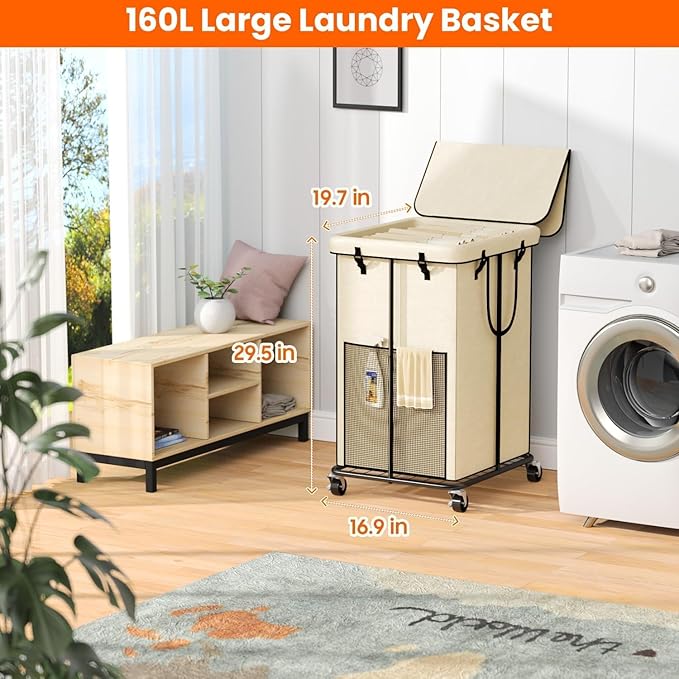 160L Laundry Hamper with Lid & Wheels, Rolling Laundry Basket with Bag | Sturdy Metal Frame | Laundry Bag with Handles| Large & Tall Clothes Hampers for Laundry Room, Bedroom, Dorm, Bathroom-White