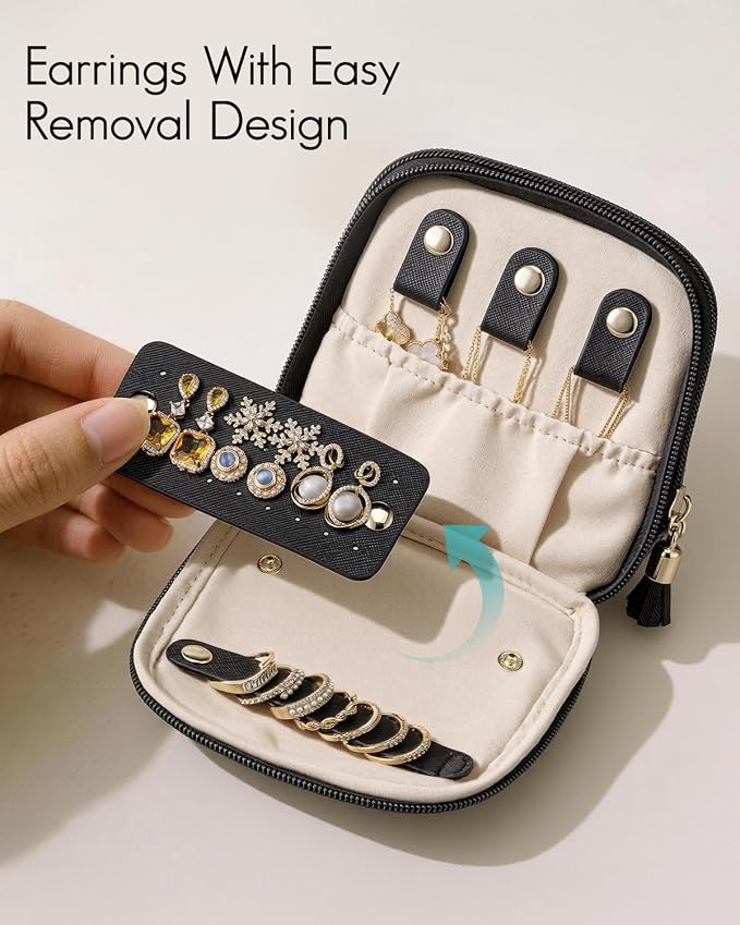 VLANDO 2-Layer Travel Jewelry Organizer for Necklaces,Rings,Earrings | Multi-Compartment Faux Leather Pouch with Velvet Lining Designed for Business Trips,Vacations,Daily Carry,Black