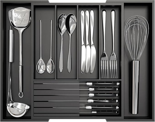 Bamboo Kitchen Silverware Drawer Organizer - Expandable Wood Utensil Holder with Dividers, Luxury Cutlery Storage Tray for Kitchen Utensil and Flatware (5-7 Slots with Removable Knife Block, Black)