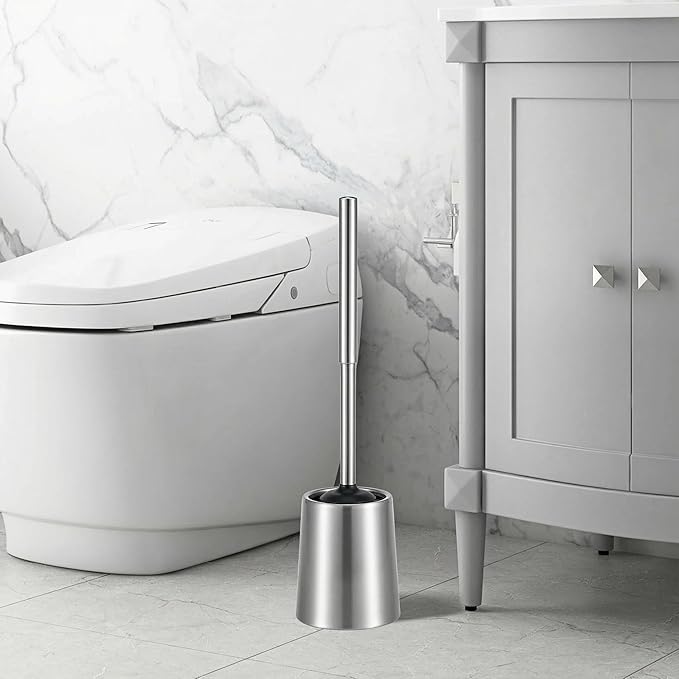 SUS304 Stainless Steel Toilet Brush and Holder Silicone Bathroom Brush TPE Brush Head Toilet Cleaner for Bowl Bathroom Cleaning Brush Caddy with Oily Coating Brushed Chrome