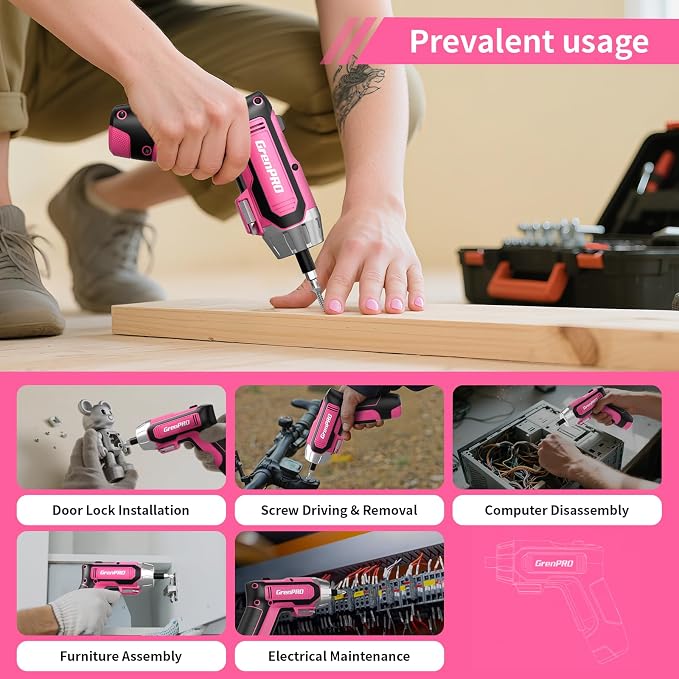 GRENPRO 4V Cordless Electric Screwdriver Set 29-Piece, Pink | Built-In Non-Removable Battery Charges via USB, Not Sold Separately, Included Bits Support Home Repairs and Assembly
