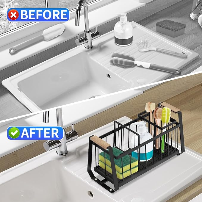 Sponge Holder for Kitchen Sink, Kitchen Sink Caddy Organizer with High Brush Holder, Rustproof Sponge Holder, Kitchen Countertop Organizers and Storage Essentials