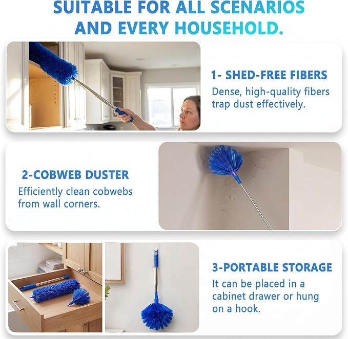 Duster with Extension Pole 30-100 Inches, Bendable Microfiber Cobweb, Blue, Duster for Cleaning Ceiling Fan, High Ceiling, Roof, Window & Blinds