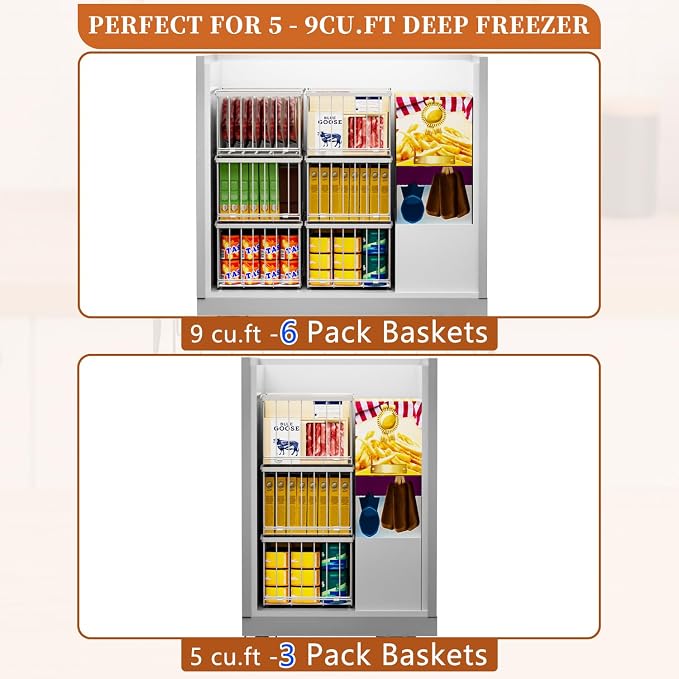 Large Freezer Organizer Bins, Upgrade Quick Expand/Collapse Feature, for 5-9 Cu.Ft Deep Freezer, 4 Pack Stackable Deep Freezer Organizer Bins, Black Wire Foldable Baskets White 6 Pack