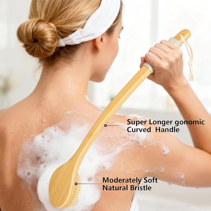 Back Scrubber Brush for Shower, 22" Curved Long Bamboo Handle Shower Brush, Antiskid Body Bath Brushes for Back Dry/Wet Brushing, Moderately Soft Natural Bristle Body Brush for Showering (Beige)