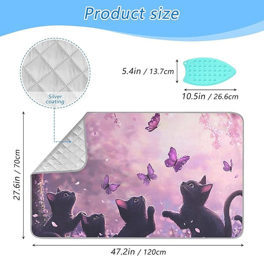 Ironing Mat &Pad Magnetic Heat Resistant Pads Portable Travel Ironing Blanket Ironing Board Covers 27.6x47.2Inches Purple Cat and Butterfly28