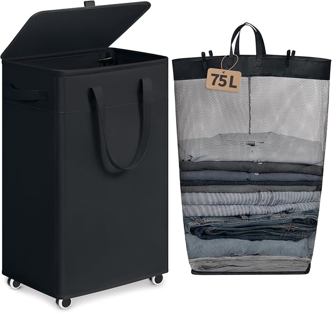 Goodpick 75L Rolling Laundry Hamper with Wheels and Lid, Black | 16.5 × 12.5 × 27.5 in, Removable Wash Bag, Collapsible, Dorm & Bathroom Organization, Dirty Clothes & Bedding Storage