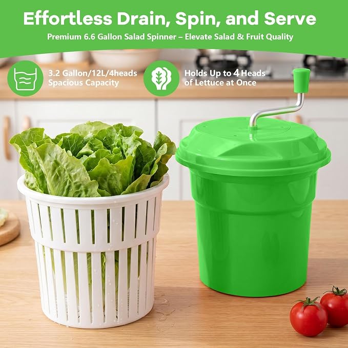 3.2 Gallon Commercial Salad Spinner, Heavy Duty Salad Dryer with Draining Hose, 12Qt Manual Lettuce Dryer for Washing, Spinning & Draining, Holds 4 Heads of Lettuce for Restaurant Kitchen Prep