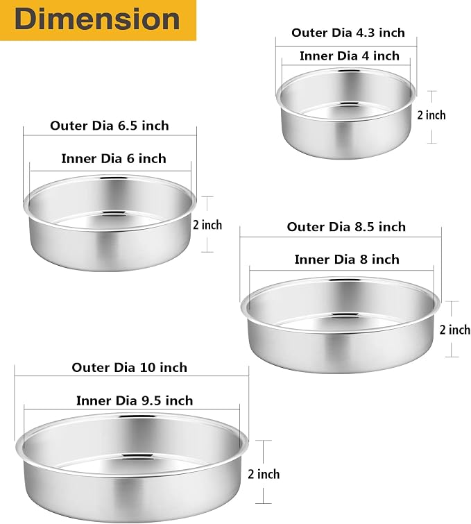 P&P CHEF Cake Pans Sets for Baking, 4" + 6" + 8" + 9.5" 4 Piece Stainless Steel Round Cake Pans Tin, Oven/Pot/Dishwasher Safe, Combination of Different Sizes, Leak-proof & Easy Clean