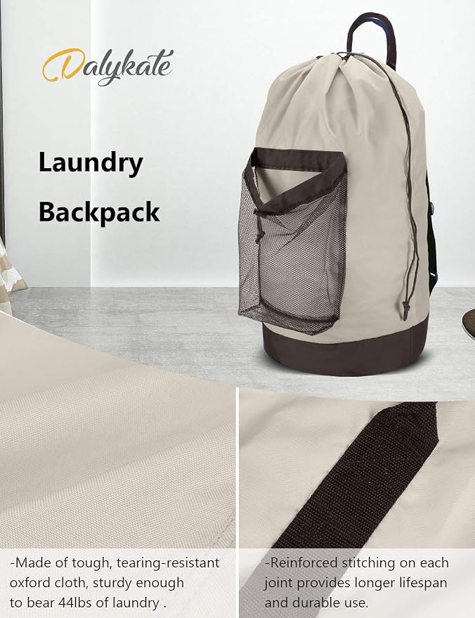 Backpack Laundry Bag, 115L Large Hamper with Shoulder Straps, Drawstring Closure, Mesh Pocket, Khaki