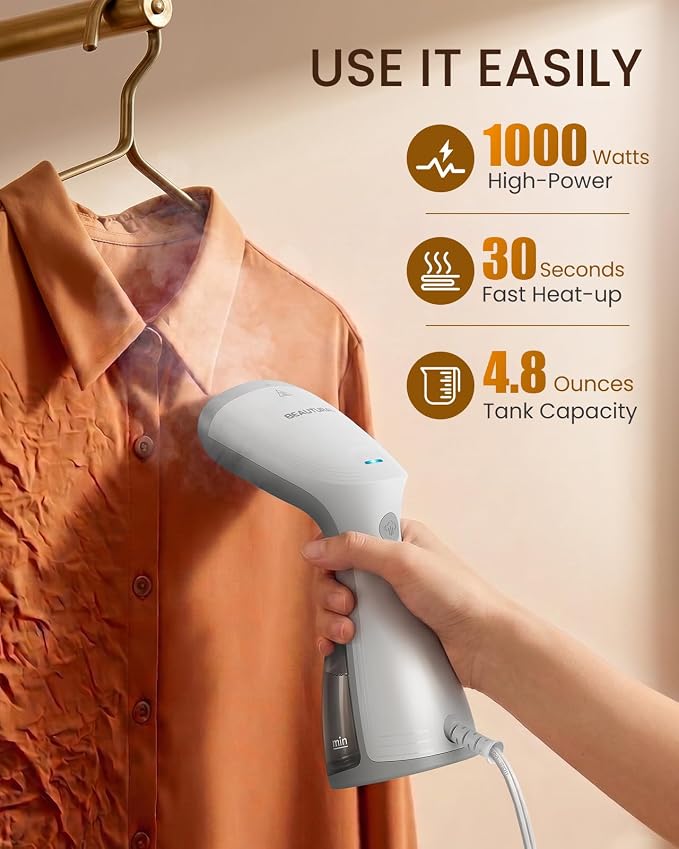 BEAUTURAL Travel Steamer for Clothes, Dual Voltage for Worldwide Use, 1000W | Portable and Handheld Garment Fabric Wrinkles Remover with Ceramic Heating Plate, Fast 30s Heat-up