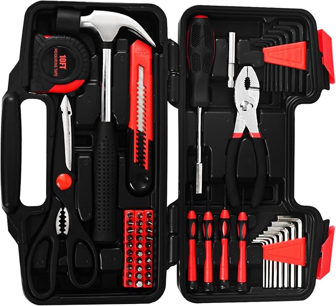 58-Piece Household Tool Set, Red Hand Kit With Storage Case | All Purpose Hand Tool Kit, Basic Home Tool Set, Plastic Storage Case, for Home Garage Office Dormitory, Basic Repairs, Women