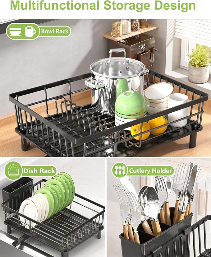 Dish Drying Rack for Kitchen Counter,Stainless Steel Drainers Rack with Detachable Cutlery Holder,Automatic Drainage System,Anti-Rust Dish Strainer Ideal for Families and Home