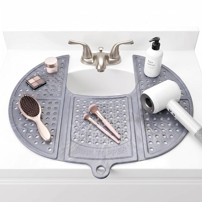Sink Topper Bathroom Sink Cover for Counter Space, Standard Silver | Holds up to 7 lb on a steel frame; fits over basins to 19 in; 480°F silicone, hot tools; foldable makeup mat; RV, camper