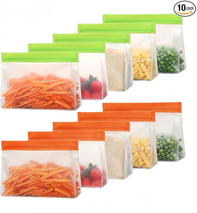 PABCK 10Pcs Reusable Silicone Freezer Bags 5Green+5Orange 8.1x5.7+2.56 inch | Stand Up Freezer Food Bags Leakproof Resealable Produce Bag for Sandwich Smell Proof Fridge Organization for Lunch Travel
