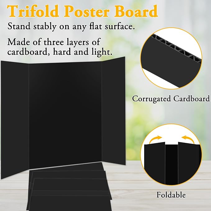 AKONEGE 3PCS Black Trifold Poster Board 21"x14" for Display & Presentation | Mini, Corrugated Cardboard, Display Board, Presentation Board, Ideal for School Project, Science Fair, Business Exhibition