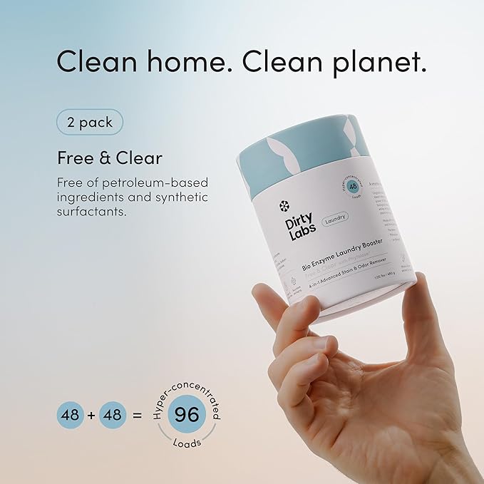 Dirty Labs | Scent Free | Bio Enzyme Laundry Booster | 2-Pack = 96 Loads | Hyper Concentrated | High Efficiency & Standard Machine Washer | Nontoxic, Biodegradable | Stain & Odor Removal Booster