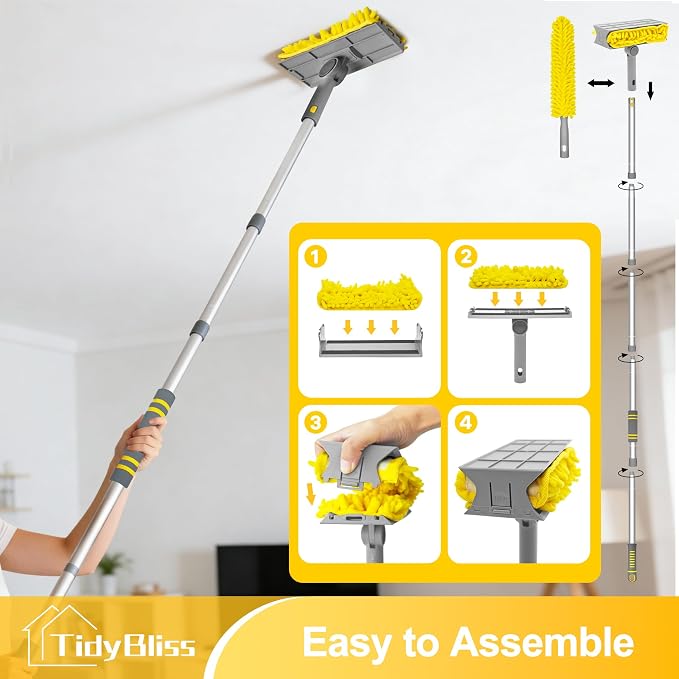 TidyBliss 77” Ceiling Fan Blades Cleaner Duster with Extension Pole, Extendable Flexible Dust Cleaning Brush, Reusable Chenille Mop for Baseboard Wall Floor Blinds Cobweb