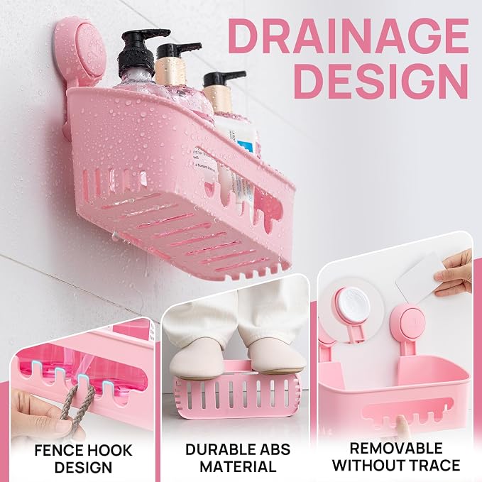 LEVERLOC Shower Caddy Suction Cup Shower Organizer Bathroom Storage Removable Powerful Suction Shower Shelf, Pink 2pack