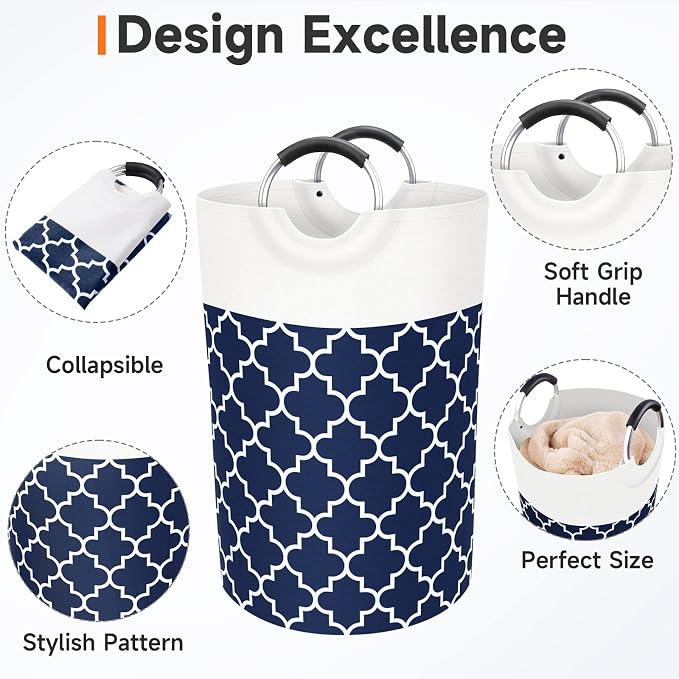 Large Laundry Basket 75L Tall Collapsible Hamper with Handles for Dorm Blue | Freestanding Laundry Hamper, Waterproof Dirty Clothes Storage Bag for College, Bathroom, Foldable Washing Bin for Travel