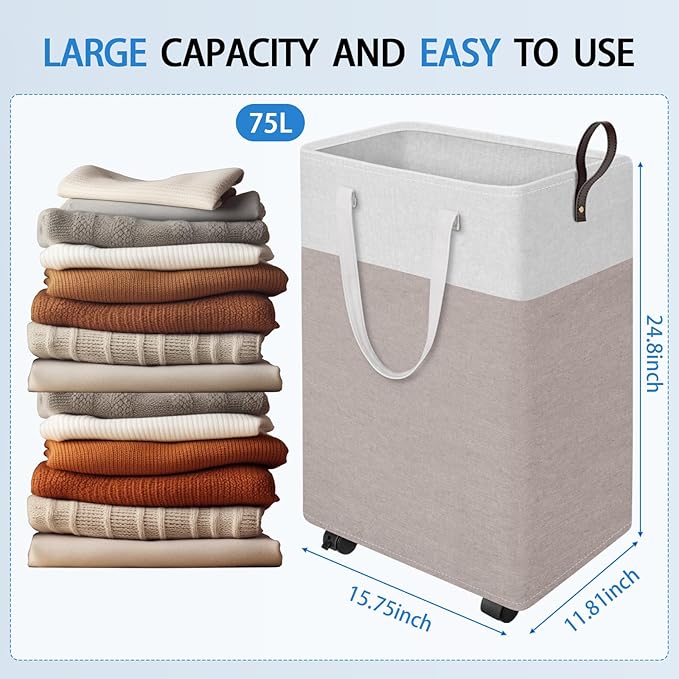 HomeHacks 75L Rolling Laundry Basket with 4 Wheels Collapsible Khaki | 4 Wheels, Waterproof PEVA Lining, Cotton Flax Fabric, Metal Frame, Bathroom Laundry Room Dorm Storage, Space-Saving Design