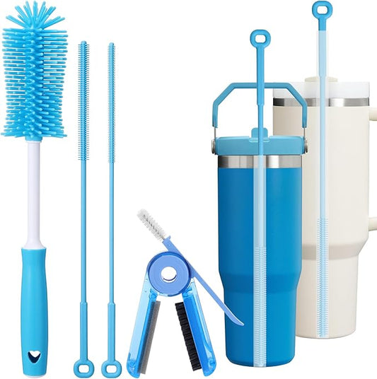 Water Bottle Cleaner Brush Set for Stanley Tumbler 40 oz/30 oz Cup | Multifunctional Bottle Brush and Long Silicone Straw Cleaner Brush,Cleaning Kit for Owala/Yeti Cup Accessories,4 Pcs