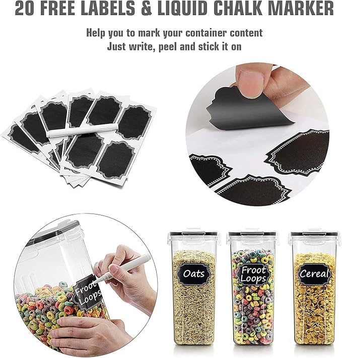 Wildone Airtight Food Storage Containers with Lids | 8pcs Plastic Kitchen and Pantry Organization Canisters for Cereal, Flour and Sugar, BPA Free, Includes 20 Labels, 2.5L/85.4oz
