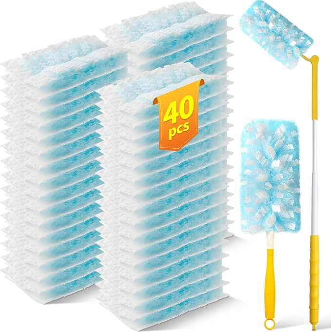 40 Count Duster Refills with 1 Short Handle & 3 ft Extendable Handle, Compatible with Swiffer Duster, 180° Disposable Microfiber Cleaning Dusters, Unscented