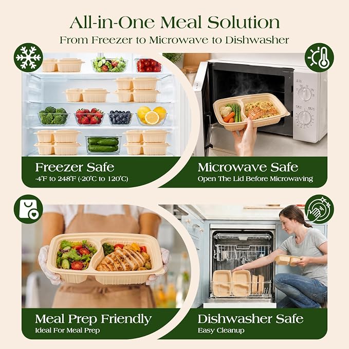 100 Piece (50 Pack) Meal Prep Containers Reusable - 2 Compartment 32 oz Cornstarch Snack Containers with Lids - Plastic Food Storage Salad Containers - To Go Lunch Box - Microwave & Freezer Safe