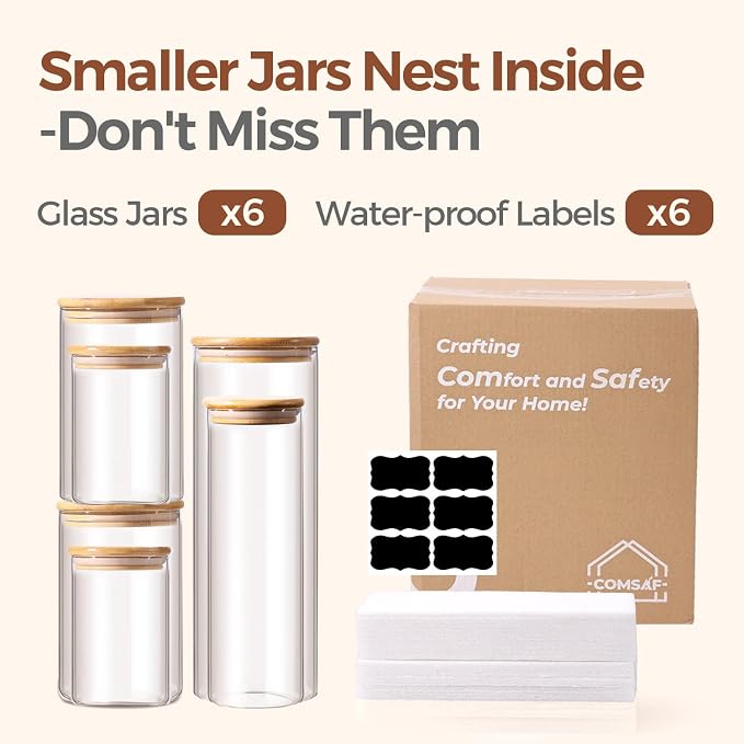 ComSaf Glass Storage Jars 6 Pack, Pasta Containers, Pantry Organization | Tall Glass Jar, Pasta Containers Storage Set of 6 (2Qt/1.1Qt/1Qt*2/0.5Qt*2), Glass Pantry Storage, Spaghetti Jar, BPA Free