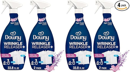 Downy Wrinkle Releaser Spray,All In One Wrinkle Release Spray,Odor Eliminator,Static Remover,Fabric Refresher & Ironing Aid for Clothes,33.8 Fl Oz,Light Fresh Scent,(Pack of 4)