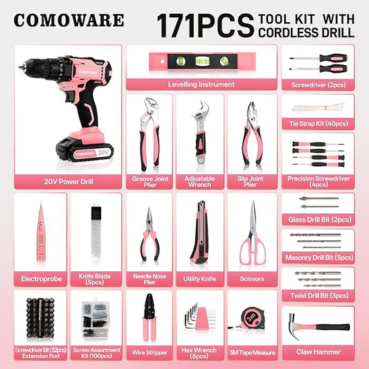 COMOWARE 20V Cordless Drill Set, 171Pcs Pink Home Tool Set with Cordless Drill Driver, Complete Repair Tool Kit for Women, Pink Storage Bag, Ideal for Office, Garden, DIY Project