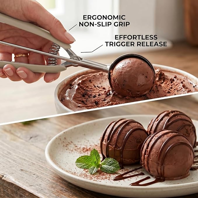 Ice Cream Scoop, 18/8 Stainless Steel Cookie Scoop, Cookie Scoops for Baking, 2 Tbsp/ 30 ml/ 1 oz Cookie Dough Scoop, Ice Cream Scooper with Trigger Release, Cookie Scooper for Baking(#40 Brown)