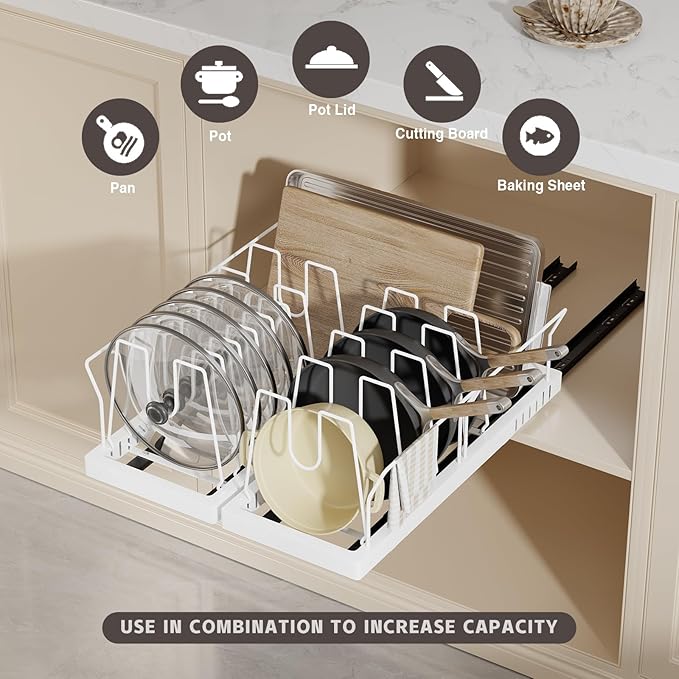 Magheo Pots and Pans Organizer Under Cabinet, 22" Deep Expandable Pull Out Pot Lid Organizer and Storage with 10 Adjustable Dividers No Drill Pot and Pan Holder Rack with Handle Bracket(1 Pack,White)
