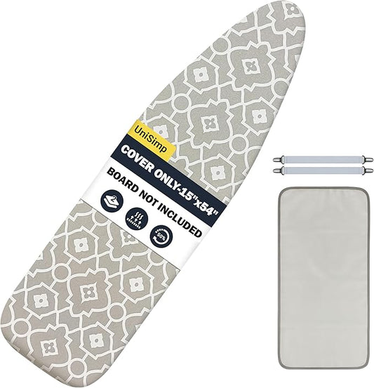 UniSimp Ironing Board Cover and Pad 15"x54" Extra Thick Natural Cotton, Scorch and Stain Resistant Padding, Standard Size Iron Board Cover with Fasteners Heavy Duty Elastic Edge, Heatproof Geometric