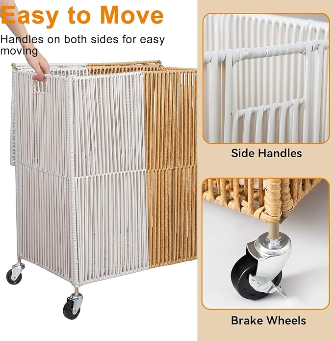 WOWLIVE Rolling Laundry Basket Wheels, Handwoven Laundry Hamper with Lid | Double Clothes Hamper with Divided Removable Bag, 115L Large Laundry Sorter 2 Section, Laundry Room Organization