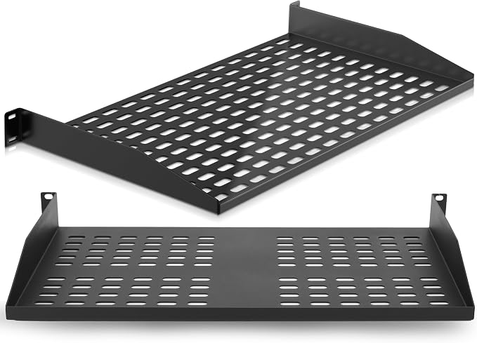 Pyle 2-Pc 1U Server Rack Shelf, Vented Shelves for Good Air Circulation, Cantilever Mount, Wall Mount Rack, Universal Device, Cabinet Shelf, Computer Case Mounting Tray, Black-Pyle PLRSTN14UX2