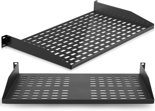 Pyle 2-Pc 1U Server Rack Shelf, Vented Shelves for Good Air Circulation, Cantilever Mount, Wall Mount Rack, Universal Device, Cabinet Shelf, Computer Case Mounting Tray, Black-Pyle PLRSTN14UX2
