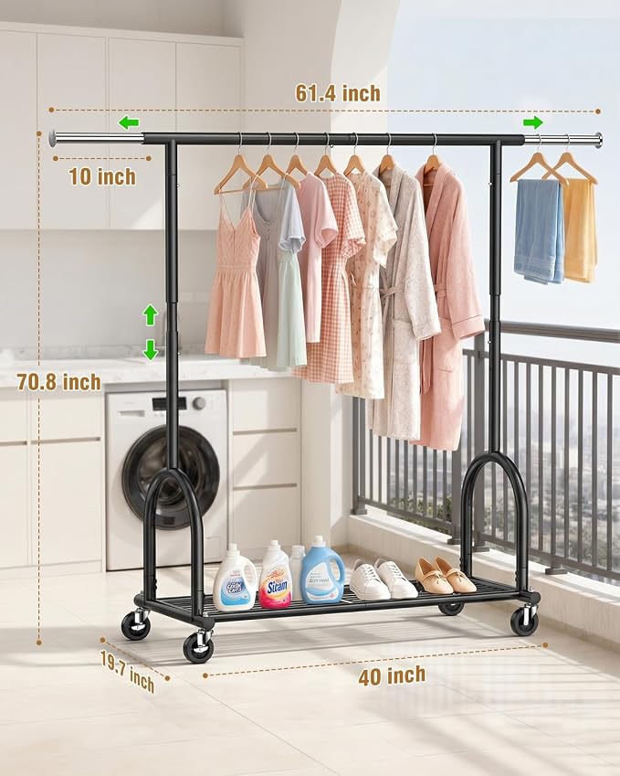 EAGMAK Heavy Duty Clothes Rack for Hanging Clothes Load 424 LBS, Height Adjustable Rolling Clothing Racks, Portable Metal Coat Rack Garment Wardrobe with Wheels and Shelves for Bedroom Laundry, Black