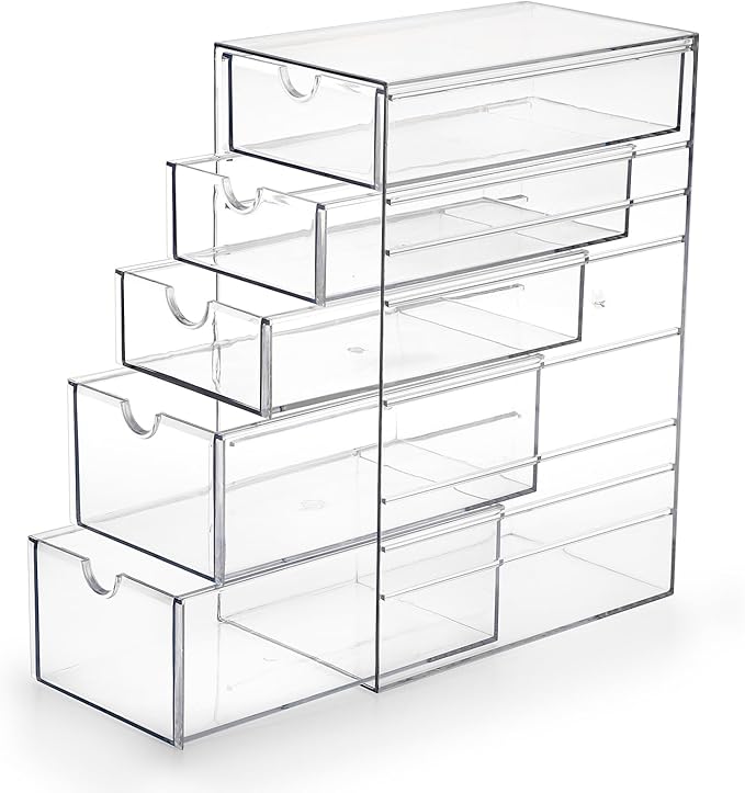 Hipiwe 5-Drawers Plastic Storage Organizer, Clear Hair Accessories Organizer with Large Capacity for Bathroom, Dresser, Cosmetic Hair Tie Container for Girls Women | Large Capacity Drawers Box for Bathroom, Dresser, Cosmetic Hair Tie Container for Women