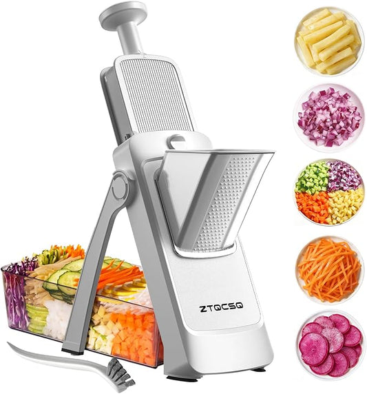 Vegetable Slicer with Adjustable Thickness, Easy to Clean Potato Mandoline Slicer with Container, Rapid Prep Veggie Cutter/Onion Slicer, Free Grater/Cleaning Brush (SliverGray)