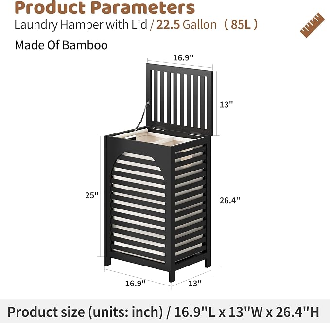 Laundry Hamper with Lid (16.9 * 13 * 26.5inches) Large Bamboo Laundry Bin Basket 85L Clothes Hamper with 1 Removable Bag Storage baskets for Bathroom(Black)