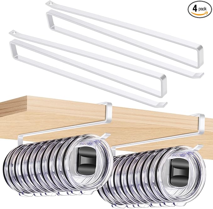 4Pack Tumbler Lid Organizer for Corner Cabinets, Space-Saving Coffee Cup Holder, Water Bottle Accessories Storage, Kitchen Organization, No Adhesive or Drilling Needed up to 48 Lids (White)