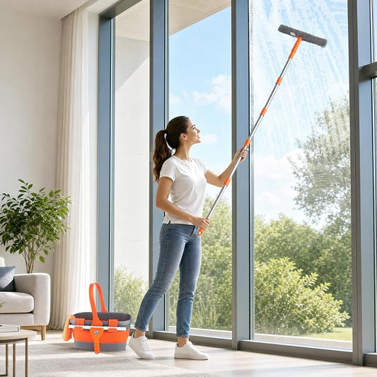 Window Cleaning Kit with Collapsible Bucket 3 Gallon, 14" Window Squeegee and 15" Scrubber with 61" Long Handle, Professional Window Washing Kit Cleaner Tool for Home Outdoor Office Commercial Use